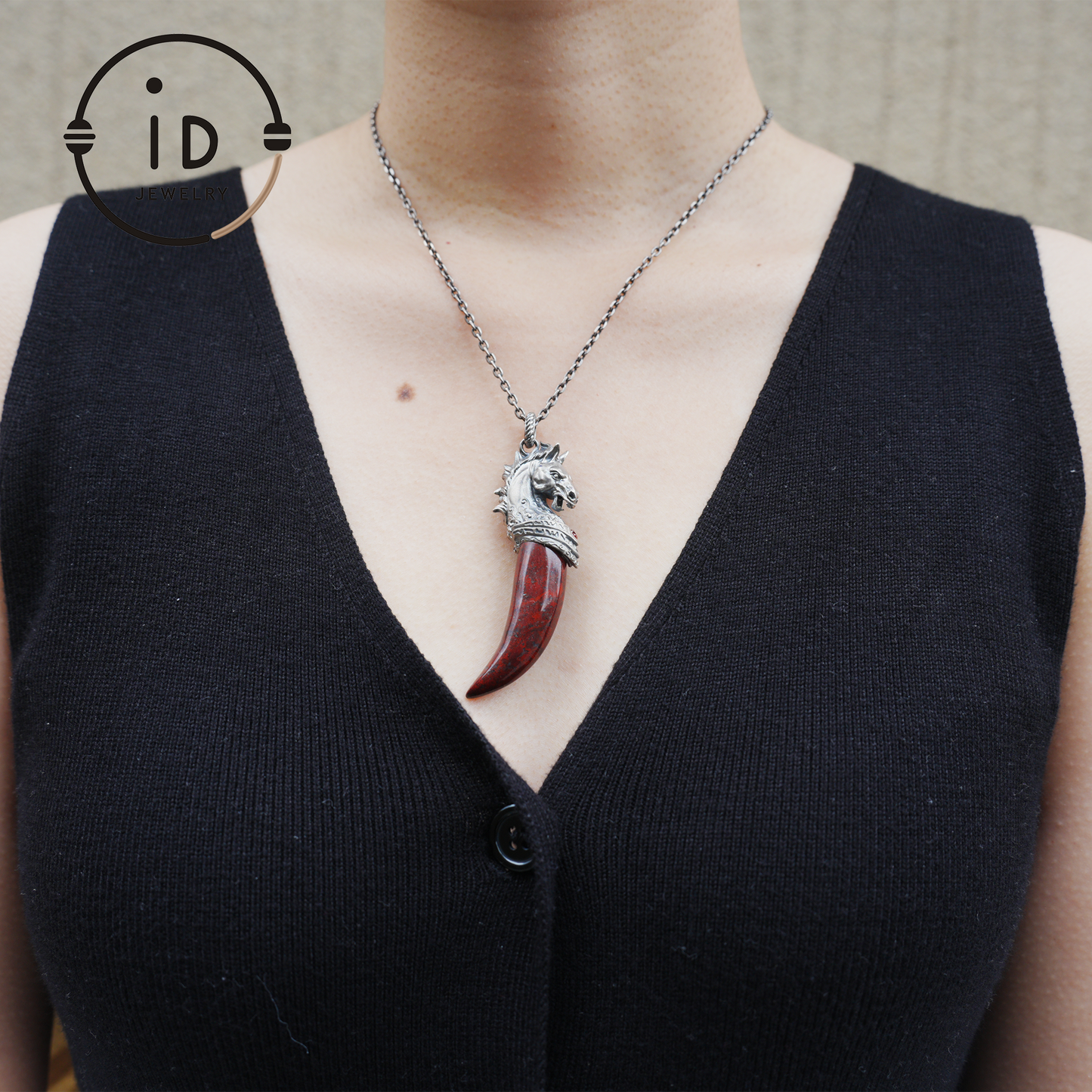 Garnet Pendant Horse Tooth 925 Silver Totem Jewelry Oxidized Necklace Gift for Him Gothic Style Talisman Men’s Vintage Look