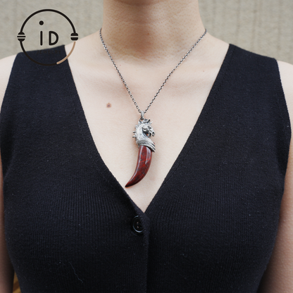 Garnet Pendant Horse Tooth 925 Silver Totem Jewelry Oxidized Necklace Gift for Him Gothic Style Talisman Men’s Vintage Look