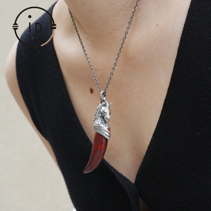 Garnet Pendant Horse Tooth 925 Silver Totem Jewelry Oxidized Necklace Gift for Him Gothic Style Talisman Men’s Vintage Look