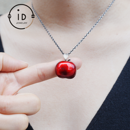 S925 Silver Apple Pendant with Red Enamel and Two Cats Inside, Fairytale Style Talisman Necklace, Symbolic Gift for Her, Christmas Jewelry
