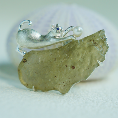 Libyan Desert Glass Cat Pendant Brooch | 925 Silver Fairy Jewelry Gift for Her