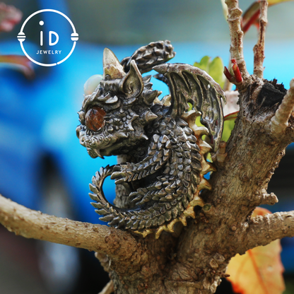 Sleeping Baby Dragon Pendant | Sterling Silver Mythical Creature Jewelry | Gold Rutilated Quartz Eye | Fantasy Amulet Gift for Protection