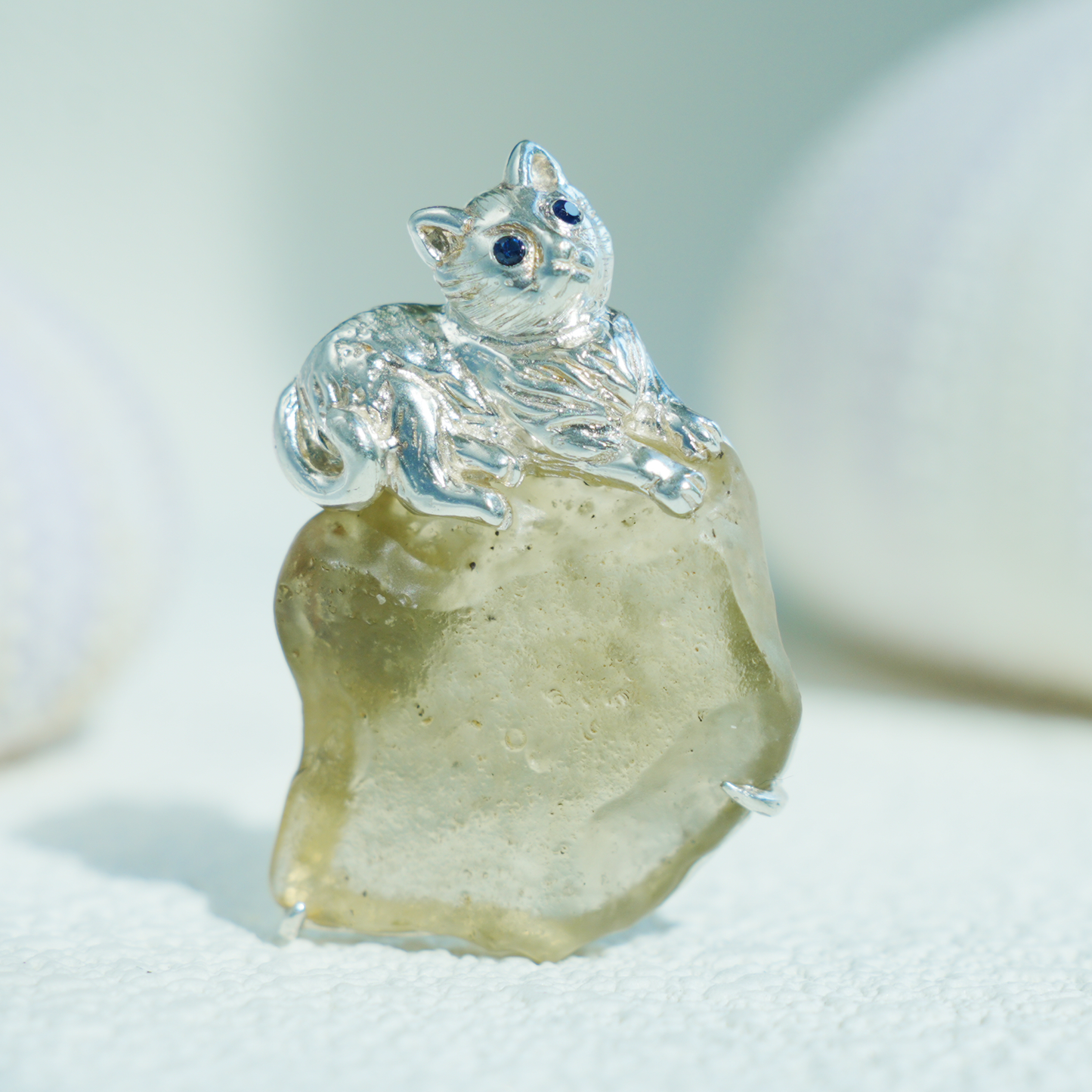 925 Silver Cat Pendant Brooch | Raw Glass Animal Totem Jewelry | Gift for Cat Lovers & Her