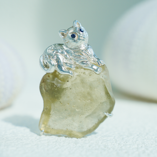 925 Silver Cat Pendant Brooch | Raw Glass Animal Totem Jewelry | Gift for Cat Lovers & Her