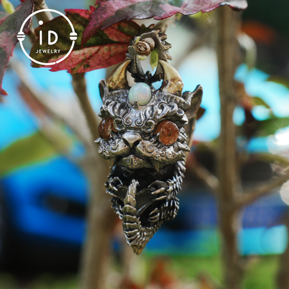 Sleeping Baby Dragon Pendant | Sterling Silver Mythical Creature Jewelry | Gold Rutilated Quartz Eye | Fantasy Amulet Gift for Protection