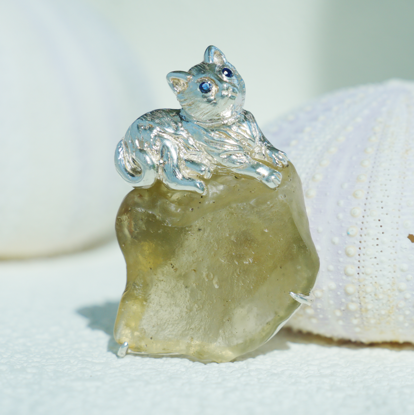 925 Silver Cat Pendant Brooch | Raw Glass Animal Totem Jewelry | Gift for Cat Lovers & Her