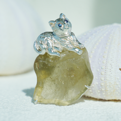 925 Silver Cat Pendant Brooch | Raw Glass Animal Totem Jewelry | Gift for Cat Lovers & Her