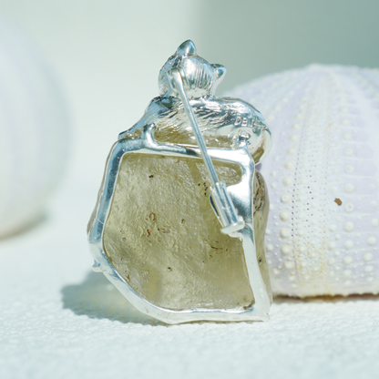 925 Silver Cat Pendant Brooch | Raw Glass Animal Totem Jewelry | Gift for Cat Lovers & Her