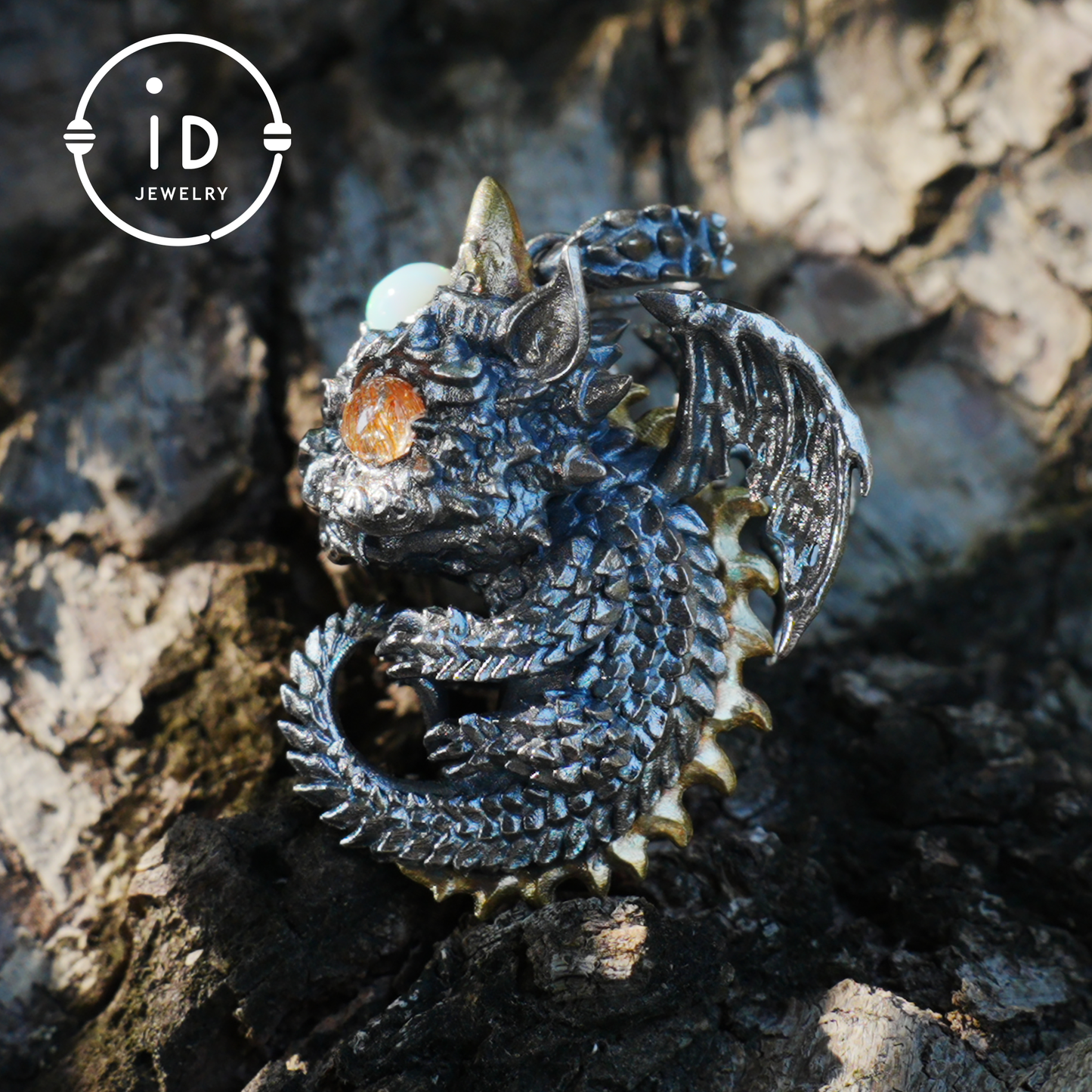 Sleeping Baby Dragon Pendant | Sterling Silver Mythical Creature Jewelry | Gold Rutilated Quartz Eye | Fantasy Amulet Gift for Protection