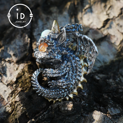 Sleeping Baby Dragon Pendant | Sterling Silver Mythical Creature Jewelry | Gold Rutilated Quartz Eye | Fantasy Amulet Gift for Protection