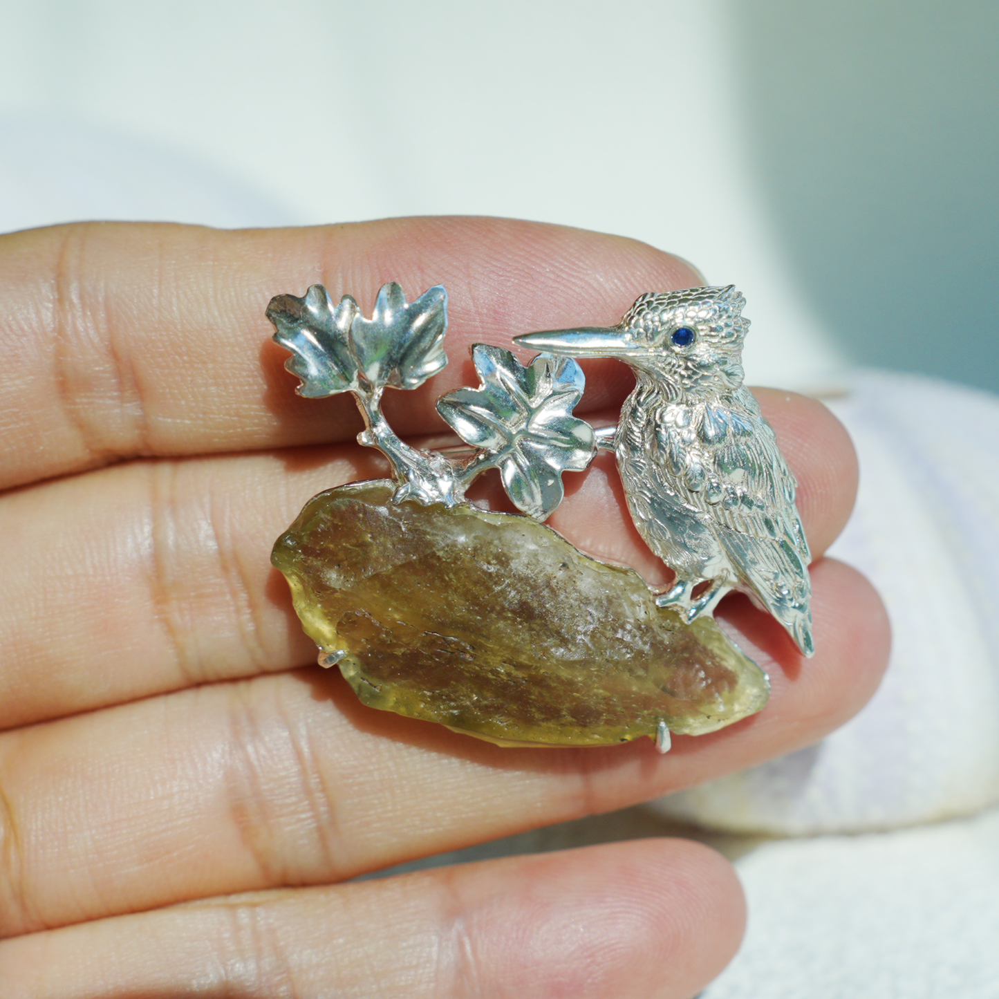 Libyan Desert Glass Bird Pendant Brooch | 925 Silver Handmade Jewelry