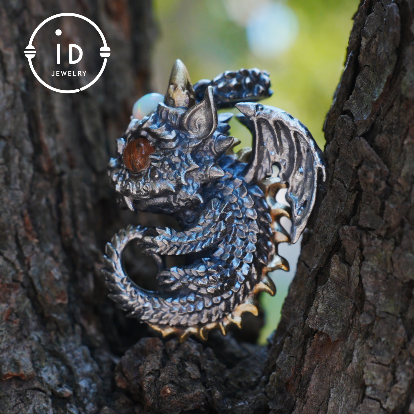 Sleeping Baby Dragon Pendant | Sterling Silver Mythical Creature Jewelry | Gold Rutilated Quartz Eye | Fantasy Amulet Gift for Protection