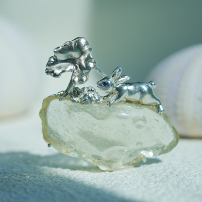Libyan Desert Glass Rabbit Pendant Brooch | 925 Silver Fairytale Jewelry Gift for Her