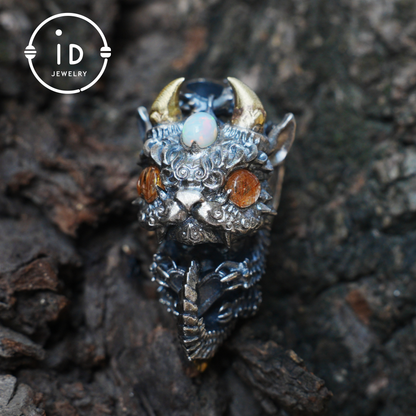Sleeping Baby Dragon Pendant | Sterling Silver Mythical Creature Jewelry | Gold Rutilated Quartz Eye | Fantasy Amulet Gift for Protection