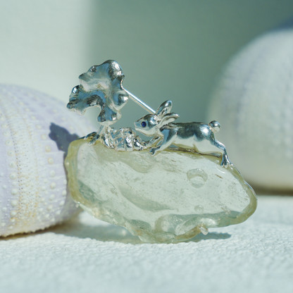 Libyan Desert Glass Rabbit Pendant Brooch | 925 Silver Fairytale Jewelry Gift for Her