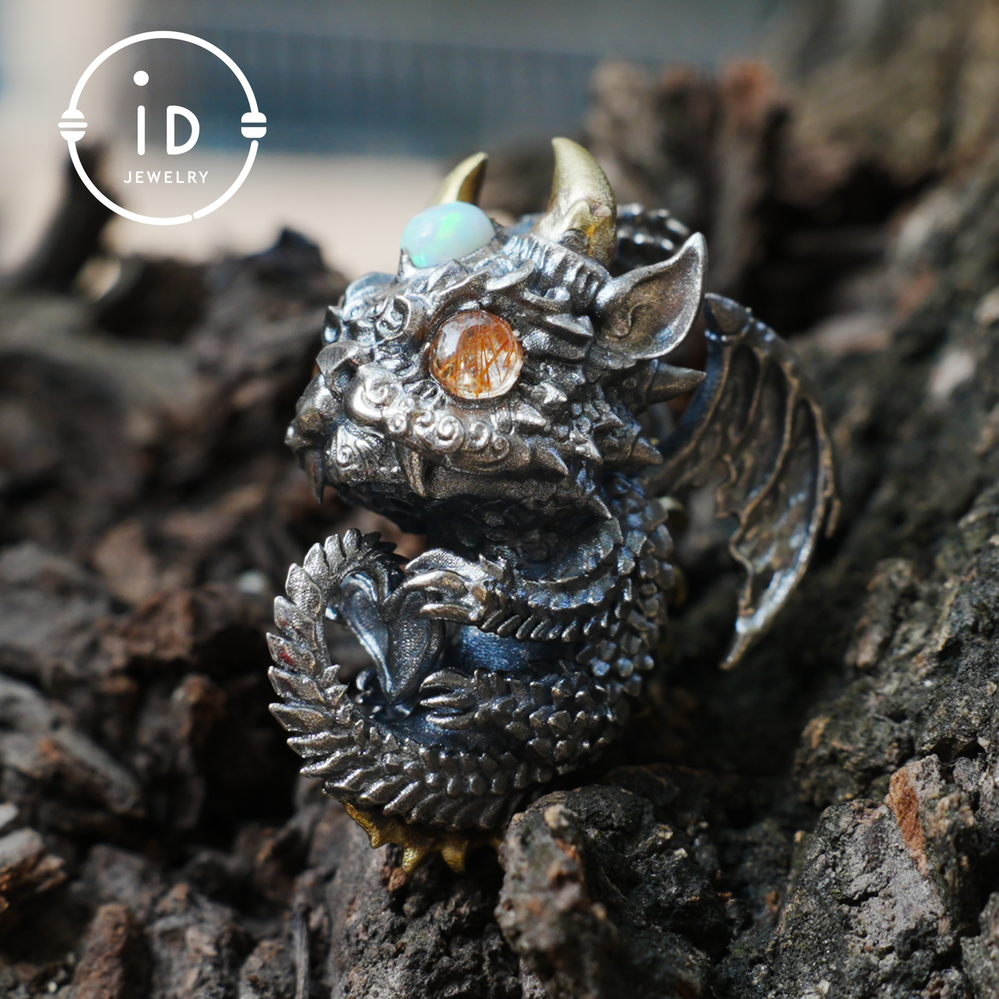 Sleeping Baby Dragon Pendant | Sterling Silver Mythical Creature Jewelry | Gold Rutilated Quartz Eye | Fantasy Amulet Gift for Protection