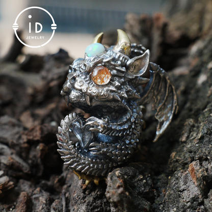 Sleeping Baby Dragon Pendant | Sterling Silver Mythical Creature Jewelry | Gold Rutilated Quartz Eye | Fantasy Amulet Gift for Protection