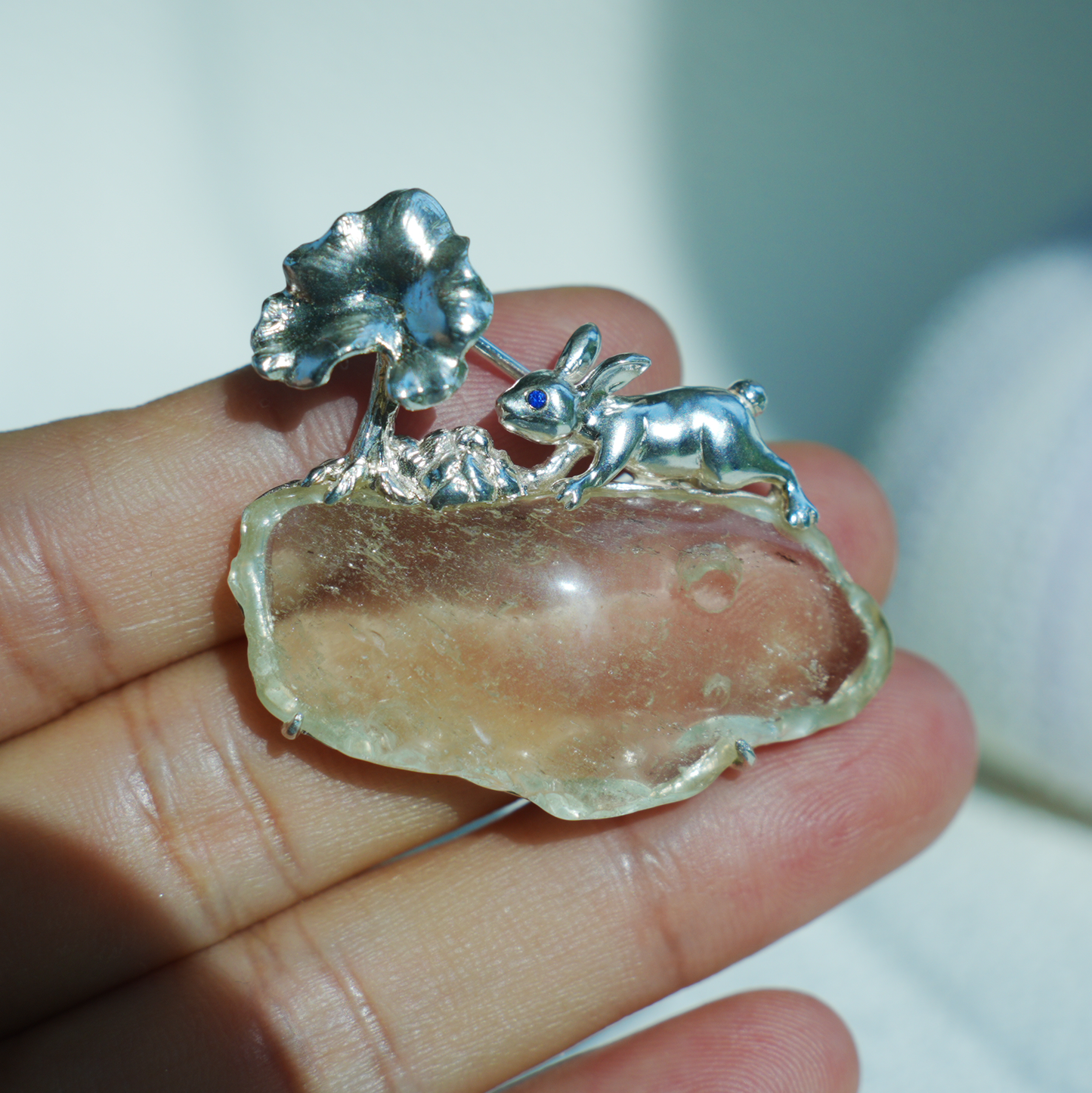 Libyan Desert Glass Rabbit Pendant Brooch | 925 Silver Fairytale Jewelry Gift for Her