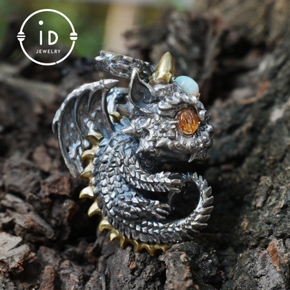 Sleeping Baby Dragon Pendant | Sterling Silver Mythical Creature Jewelry | Gold Rutilated Quartz Eye | Fantasy Amulet Gift for Protection