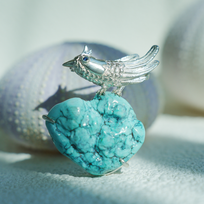 Nightingale Brooch in 925 Silver and Turquoise, Handmade Animal Talisman, Artistic Gift