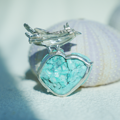 Nightingale Brooch in 925 Silver and Turquoise, Handmade Animal Talisman, Artistic Gift