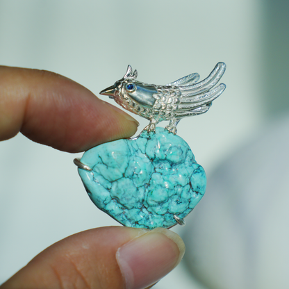 Nightingale Brooch in 925 Silver and Turquoise, Handmade Animal Talisman, Artistic Gift