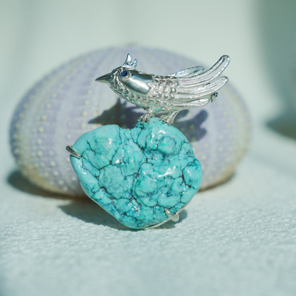 Nightingale Brooch in 925 Silver and Turquoise, Handmade Animal Talisman, Artistic Gift