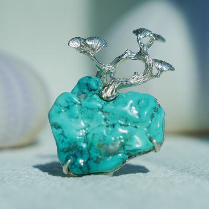Raw Turquoise Pendant Brooch | 925 Silver Tree Jewelry | Nature Gift for Her