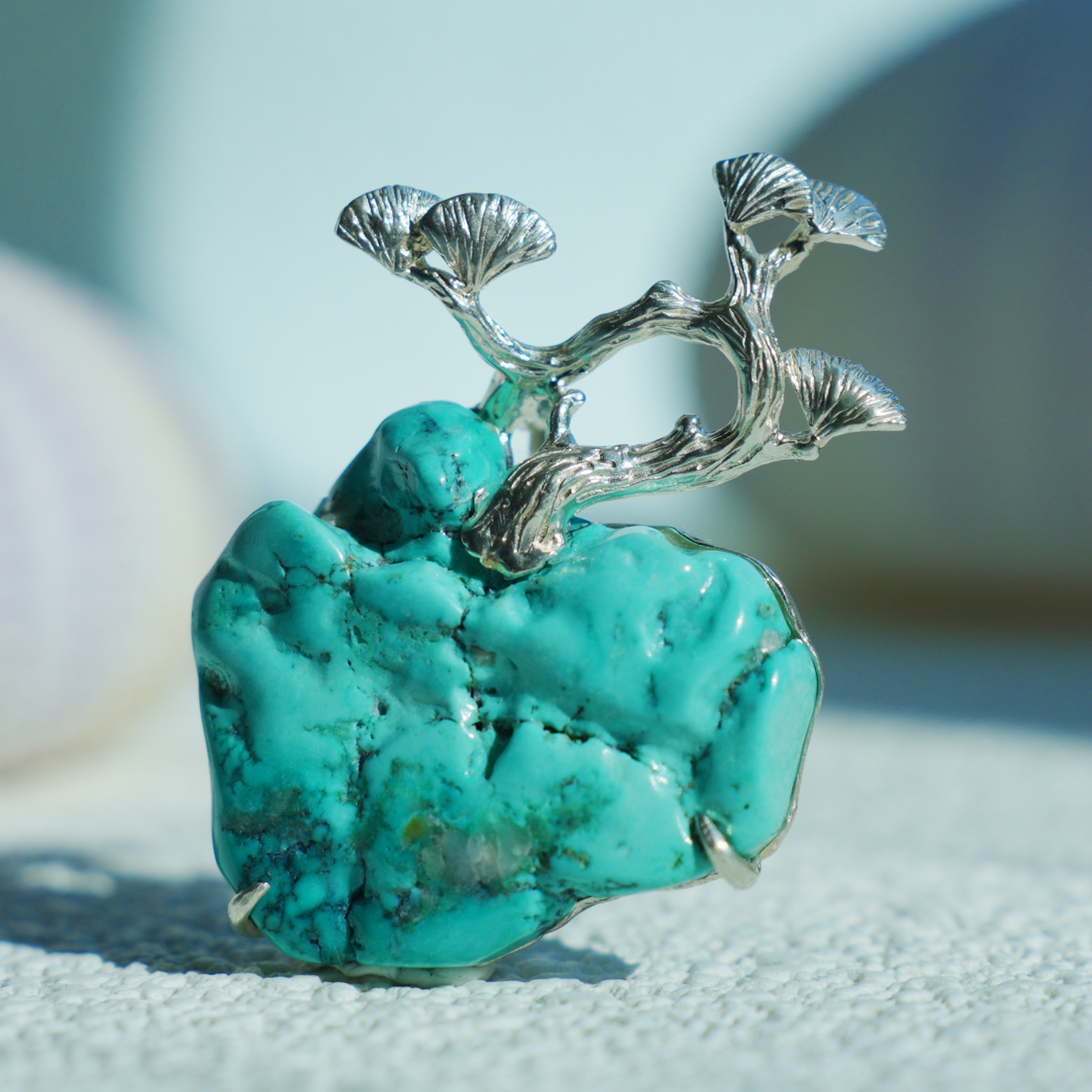 Raw Turquoise Pendant Brooch | 925 Silver Tree Jewelry | Nature Gift for Her