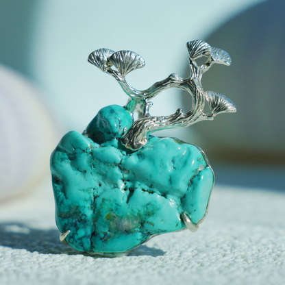 Raw Turquoise Pendant Brooch | 925 Silver Tree Jewelry | Nature Gift for Her