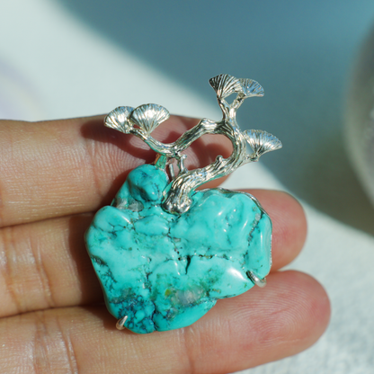 Raw Turquoise Pendant Brooch | 925 Silver Tree Jewelry | Nature Gift for Her