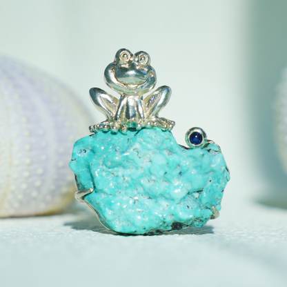 925 Silver Frog Pendant Brooch | Raw Turquoise Lucky Jewelry | Cute Gift for Her