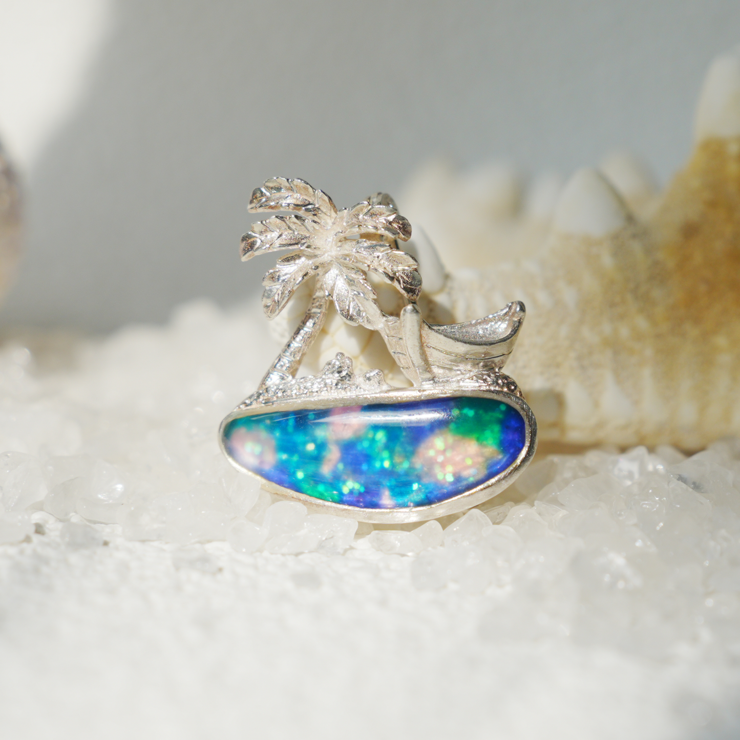 Tropical Palm Beach Pendant Brooch | 925 Silver Enamel Jewelry | Summer Gift for Her