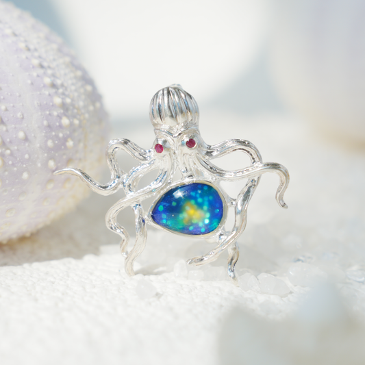 925 Silver Octopus Pendant Brooch | Enamel Ocean Jewelry | Gift for Sea Lovers & Her