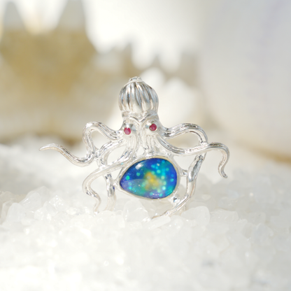 925 Silver Octopus Pendant Brooch | Enamel Ocean Jewelry | Gift for Sea Lovers & Her