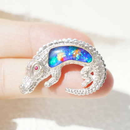 925 Silver Crocodile Pendant Brooch | Enamel Totem Jewelry | Gift for Him or Her