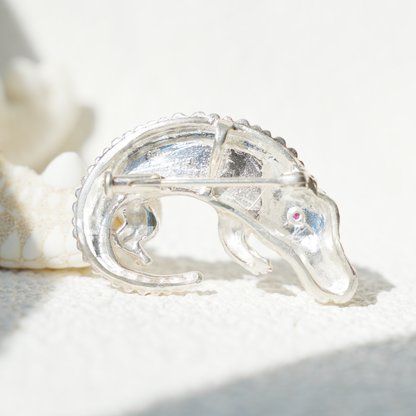 925 Silver Crocodile Pendant Brooch | Enamel Totem Jewelry | Gift for Him or Her