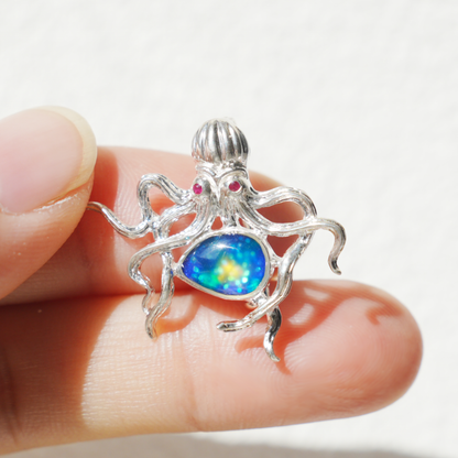 925 Silver Octopus Pendant Brooch | Enamel Ocean Jewelry | Gift for Sea Lovers & Her