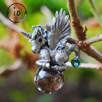 Flying Unicorn Pendant with Amber and Green Crystal in 925 Silver · Fairy Tale Jewelry · Gift for Women Birthday Christmas