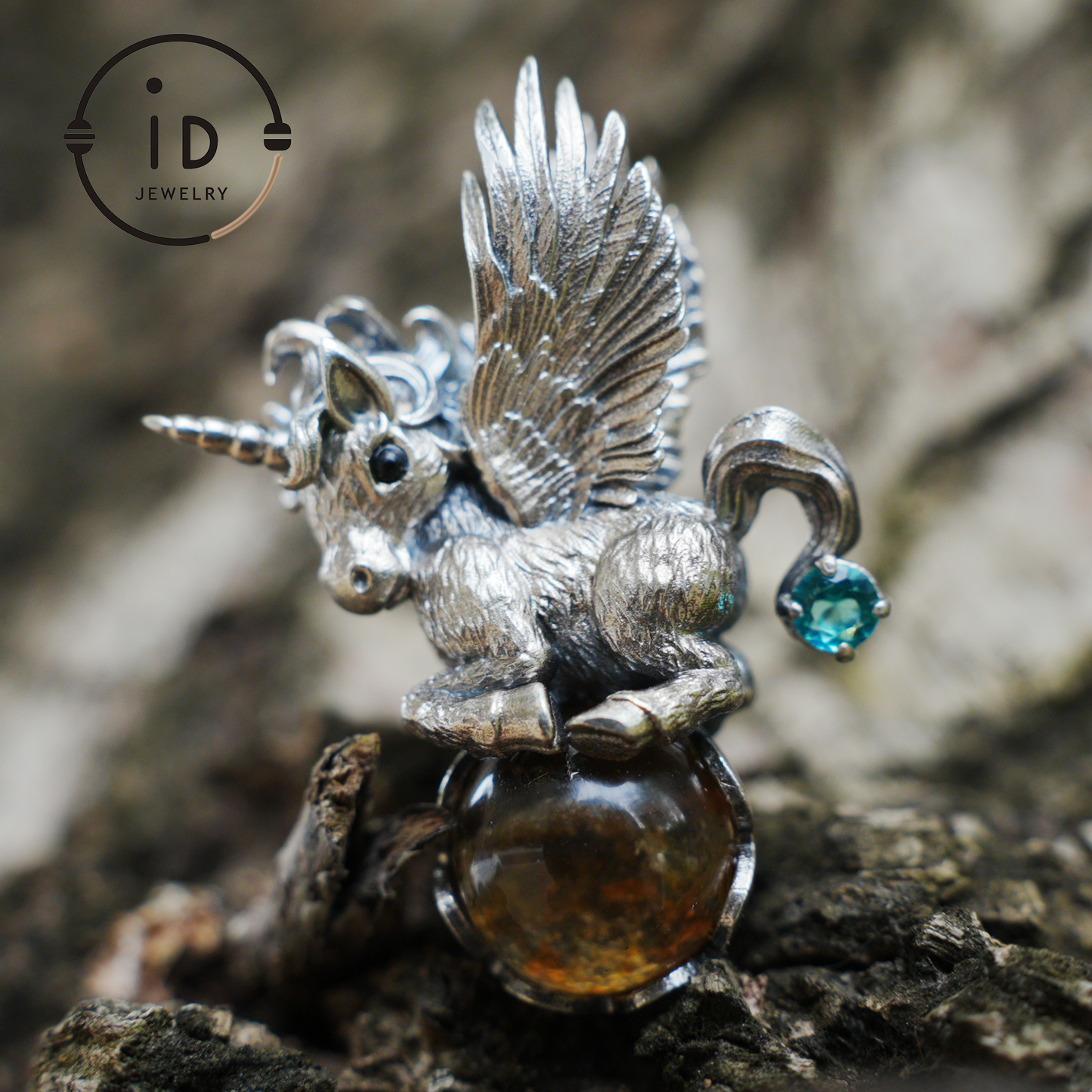 Flying Unicorn Pendant with Amber and Green Crystal in 925 Silver · Fairy Tale Jewelry · Gift for Women Birthday Christmas