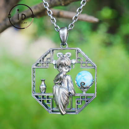 Handcrafted Octagonal Cut-out Pendant | Natural Larimar Orb Accent | Retro-Inspired Geometric Statement Gift for Creative Souls