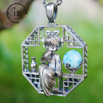 Handcrafted Octagonal Cut-out Pendant | Natural Larimar Orb Accent | Retro-Inspired Geometric Statement Gift for Creative Souls