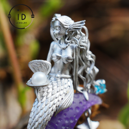 Amethyst Moon Pendant with Mermaid in 925 Sterling Silver · Fantasy Talisman Necklace for Women · Gift Idea Birthday Christmas Fairy Jewelry