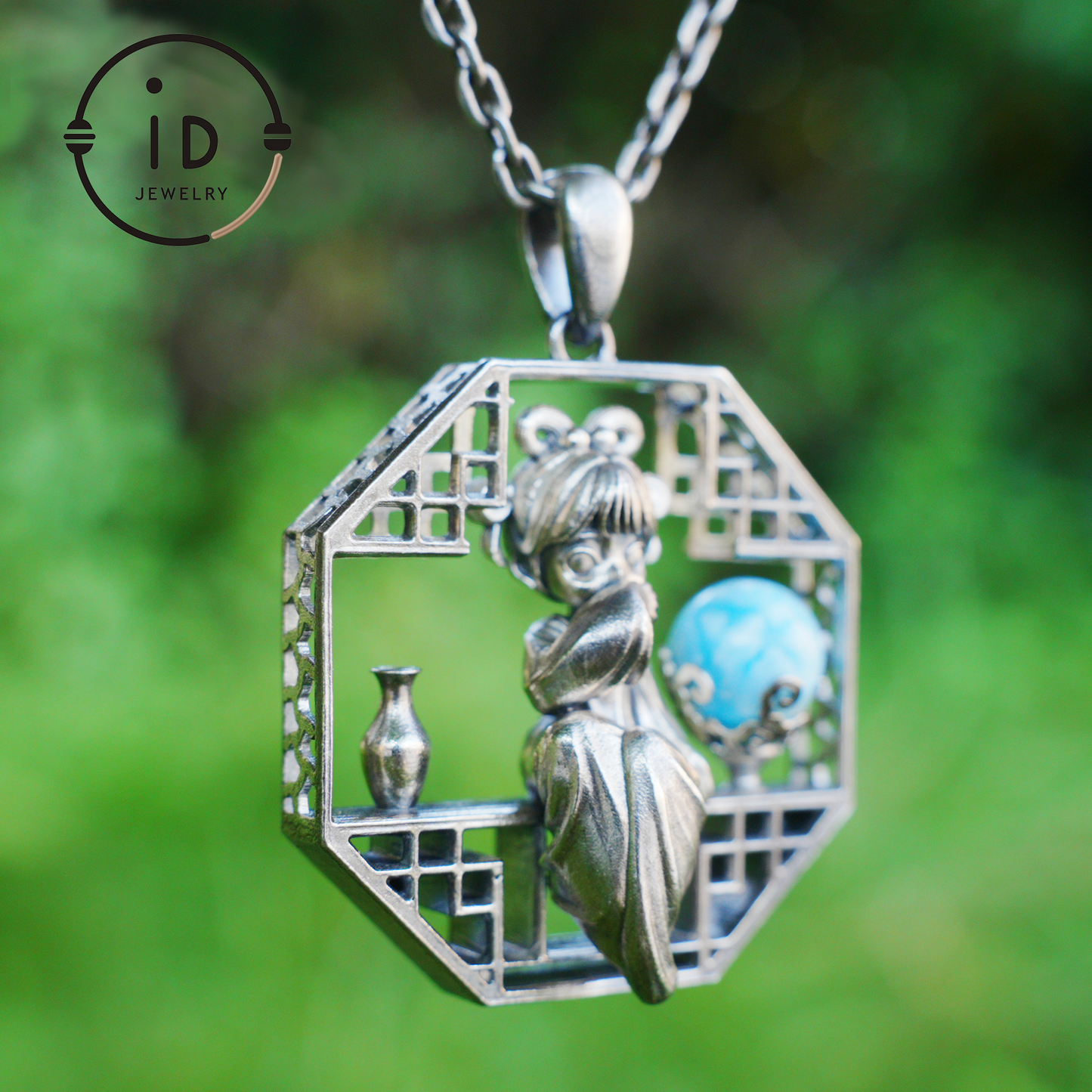 Handcrafted Octagonal Cut-out Pendant | Natural Larimar Orb Accent | Retro-Inspired Geometric Statement Gift for Creative Souls