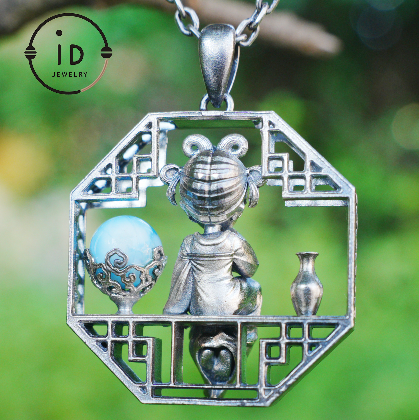 Handcrafted Octagonal Cut-out Pendant | Natural Larimar Orb Accent | Retro-Inspired Geometric Statement Gift for Creative Souls