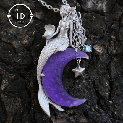 Amethyst Moon Pendant with Mermaid in 925 Sterling Silver · Fantasy Talisman Necklace for Women · Gift Idea Birthday Christmas Fairy Jewelry