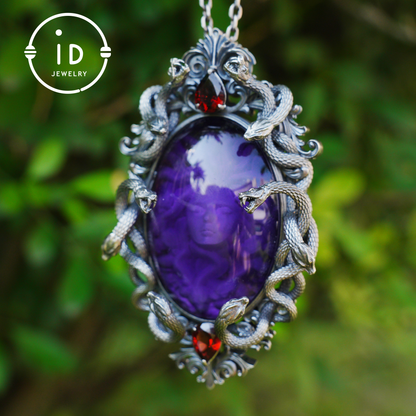 Hand-Carved Medusa Amethyst Pendant | Raised Serpent Frame in 925 Sterling Silver | Gothic Talisman for Powerful Self-Empowerment