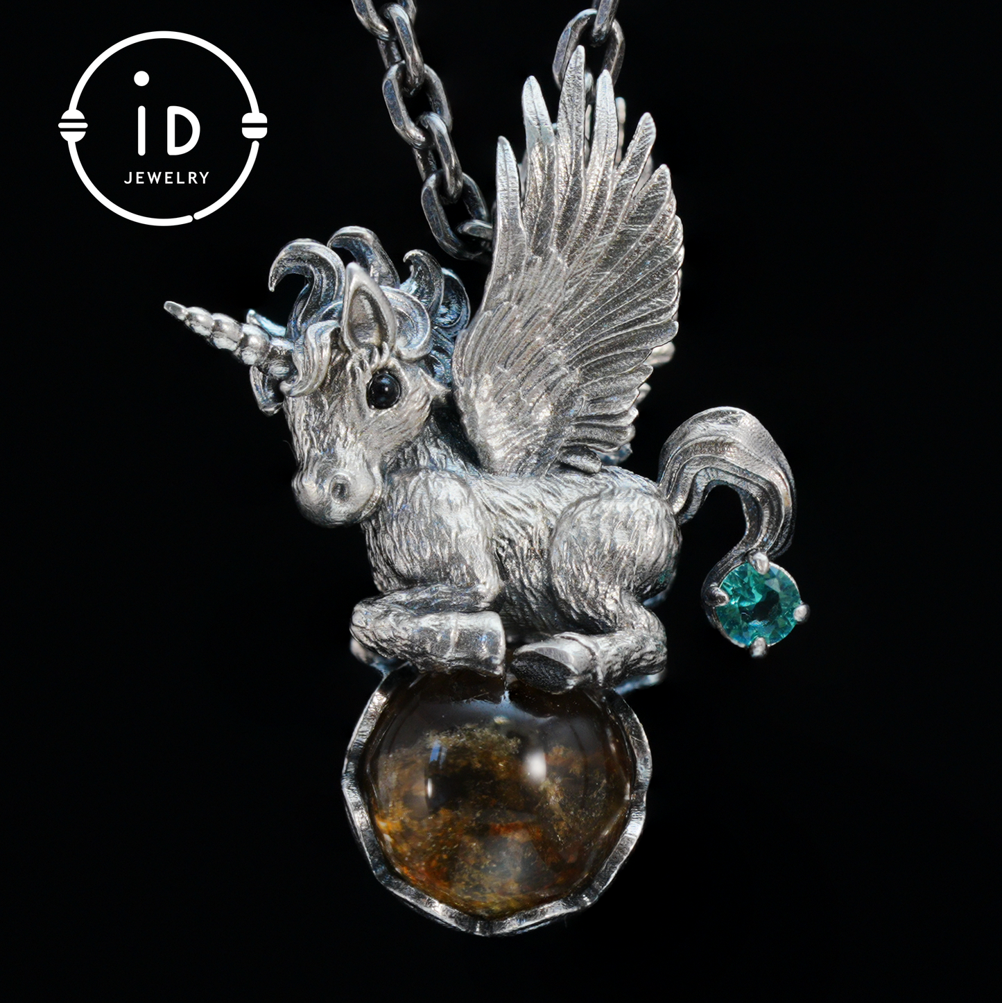 Flying Unicorn Pendant with Amber and Green Crystal in 925 Silver · Fairy Tale Jewelry · Gift for Women Birthday Christmas