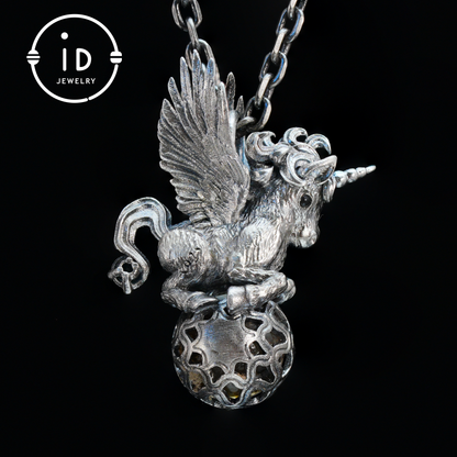 Flying Unicorn Pendant with Amber and Green Crystal in 925 Silver · Fairy Tale Jewelry · Gift for Women Birthday Christmas