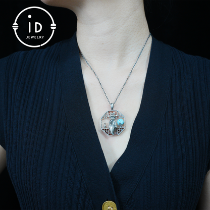 Handcrafted Octagonal Cut-out Pendant | Natural Larimar Orb Accent | Retro-Inspired Geometric Statement Gift for Creative Souls